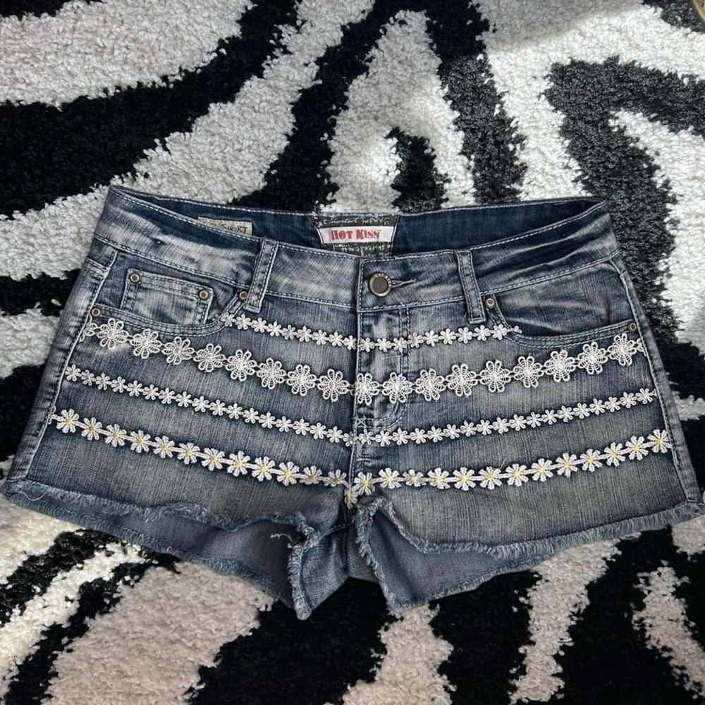 Hot Kiss Women's Blue Jean Shorts with Daisy Embroidery